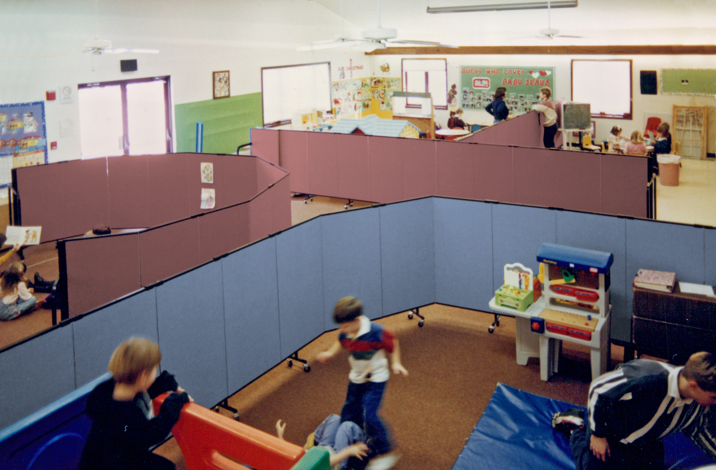 Portable, acoustical dividers can set up in any configuration at any time
