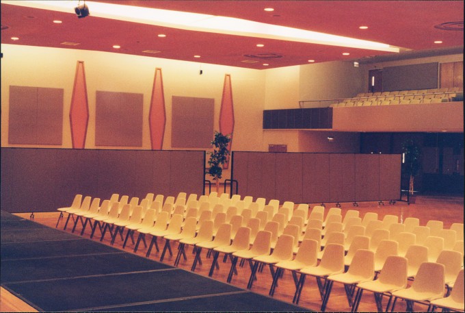 Inside looking out view of auditorium made more intimate with the help of Screenflex Portable Room Dividers