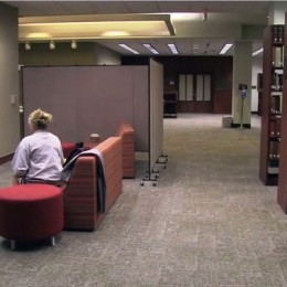 A quiet seating area amongst book stacks at Woodruff Health Sciences Center Library of Emory University.