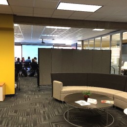 Marian University Media Center is divided by a room divider to create a private reception room